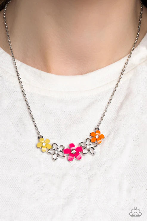 Necklace with colorful floral pendants on a white background