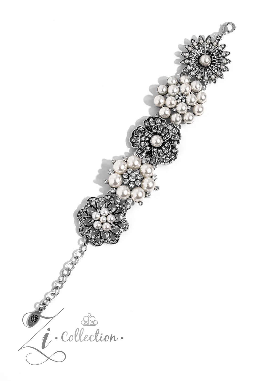 Elegant bracelet with floral designs and pearls on a white background, featuring the Zi Collection logo.