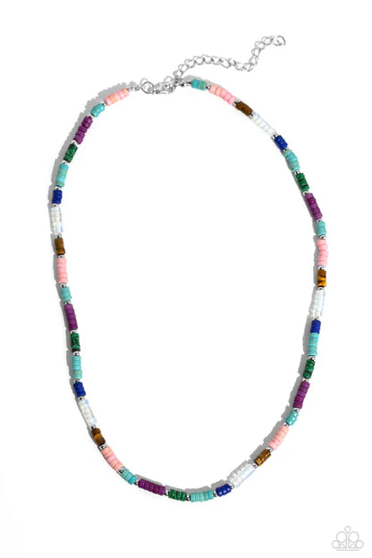 Multicolored beaded necklace on a white background