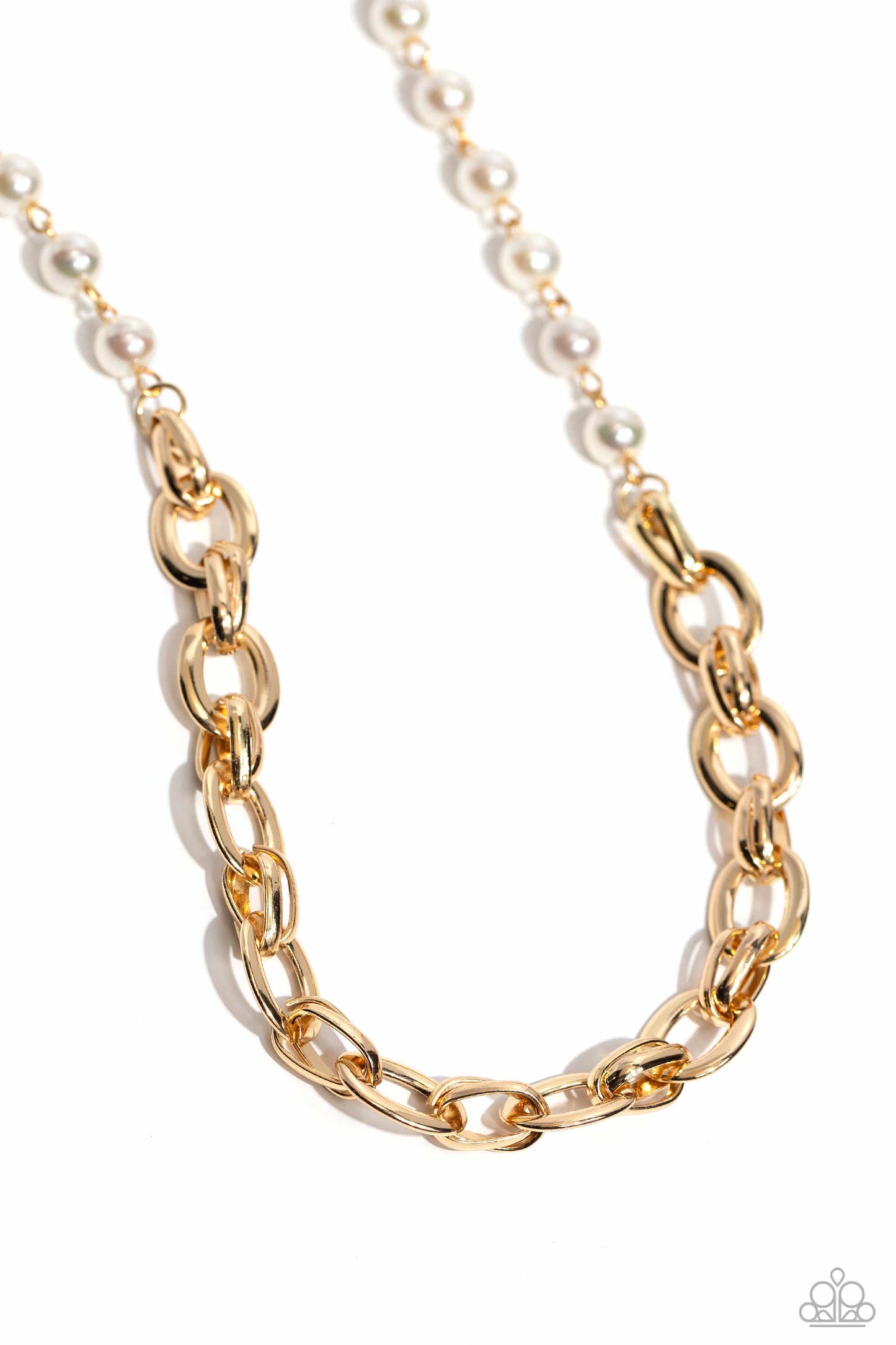 Gold chain necklace with pearls on a white background