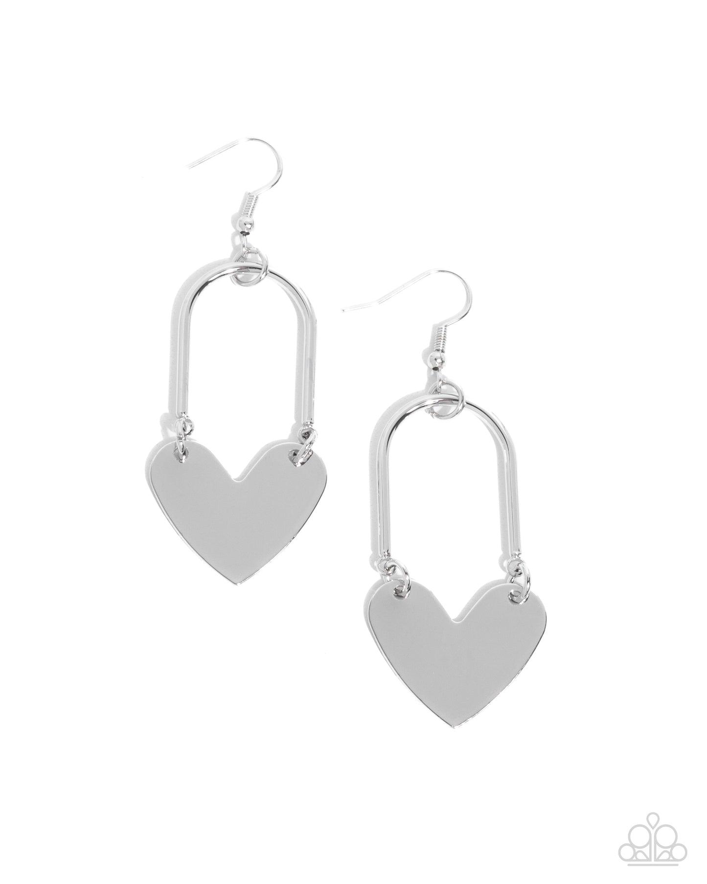 Heart-shaped silver earrings on a white background