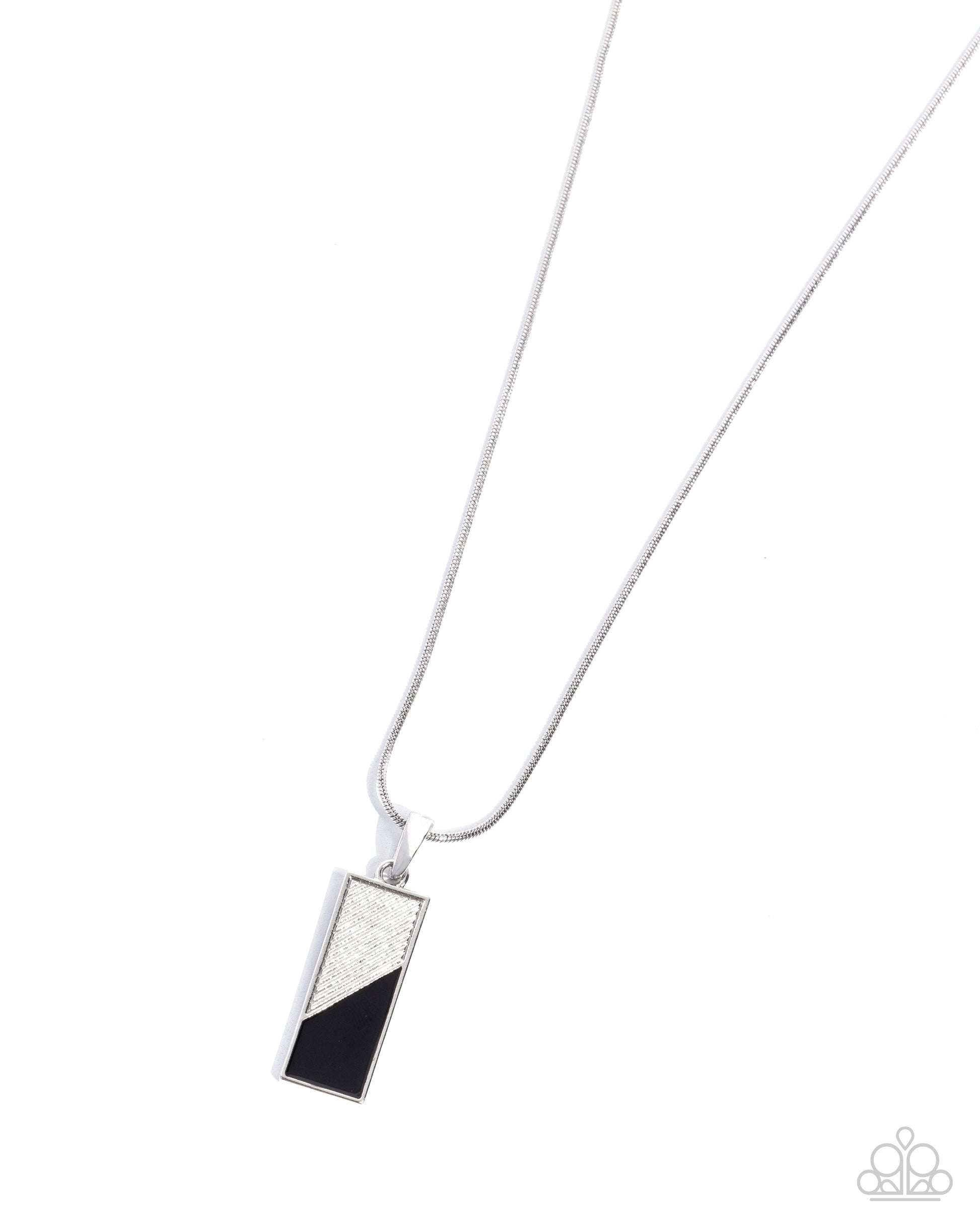 Necklace with a rectangular pendant featuring black and white colors on a white background