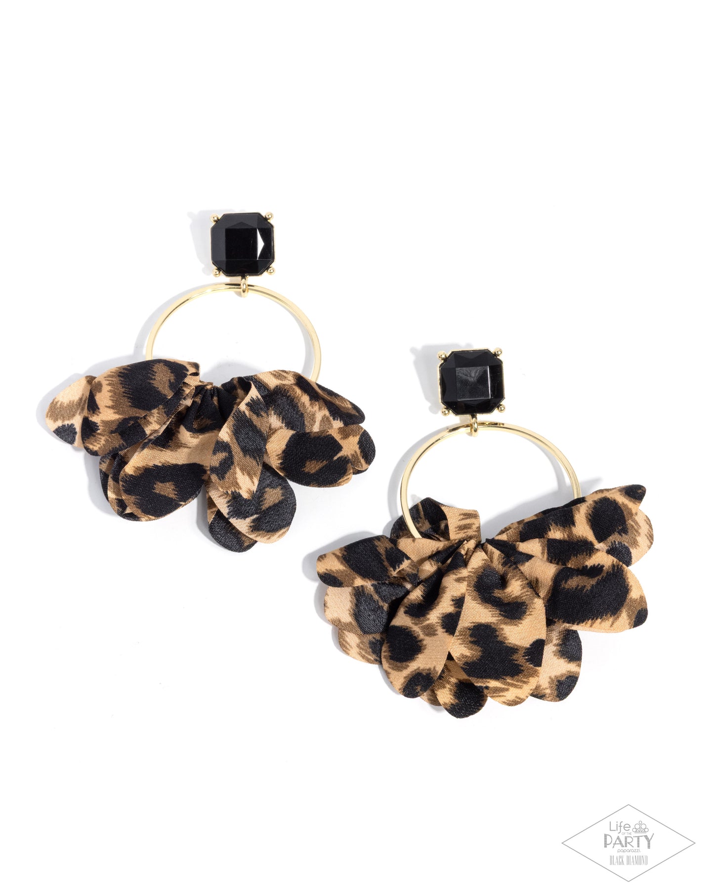 Leopard print earrings with black gemstones on a white background