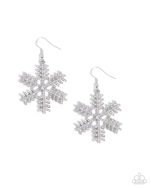 Silver snowflake earrings on a white background