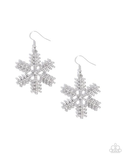 Silver snowflake earrings on a white background