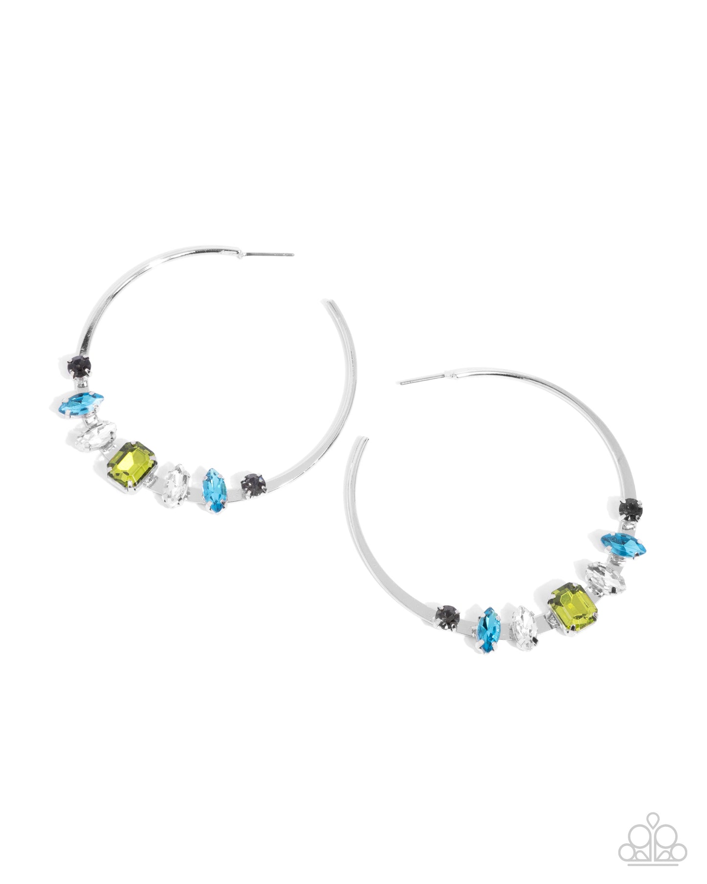 Pair of hoop earrings with colorful gemstones on a white background