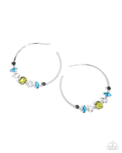 Pair of hoop earrings with colorful gemstones on a white background