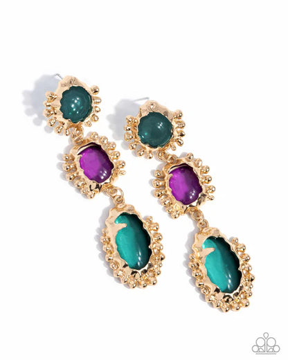 Gold earrings with green and purple gemstones on a white background