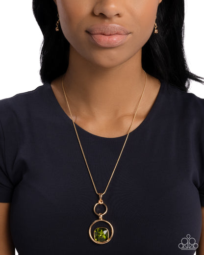 Debutante Delight green and gold necklace worn by a model