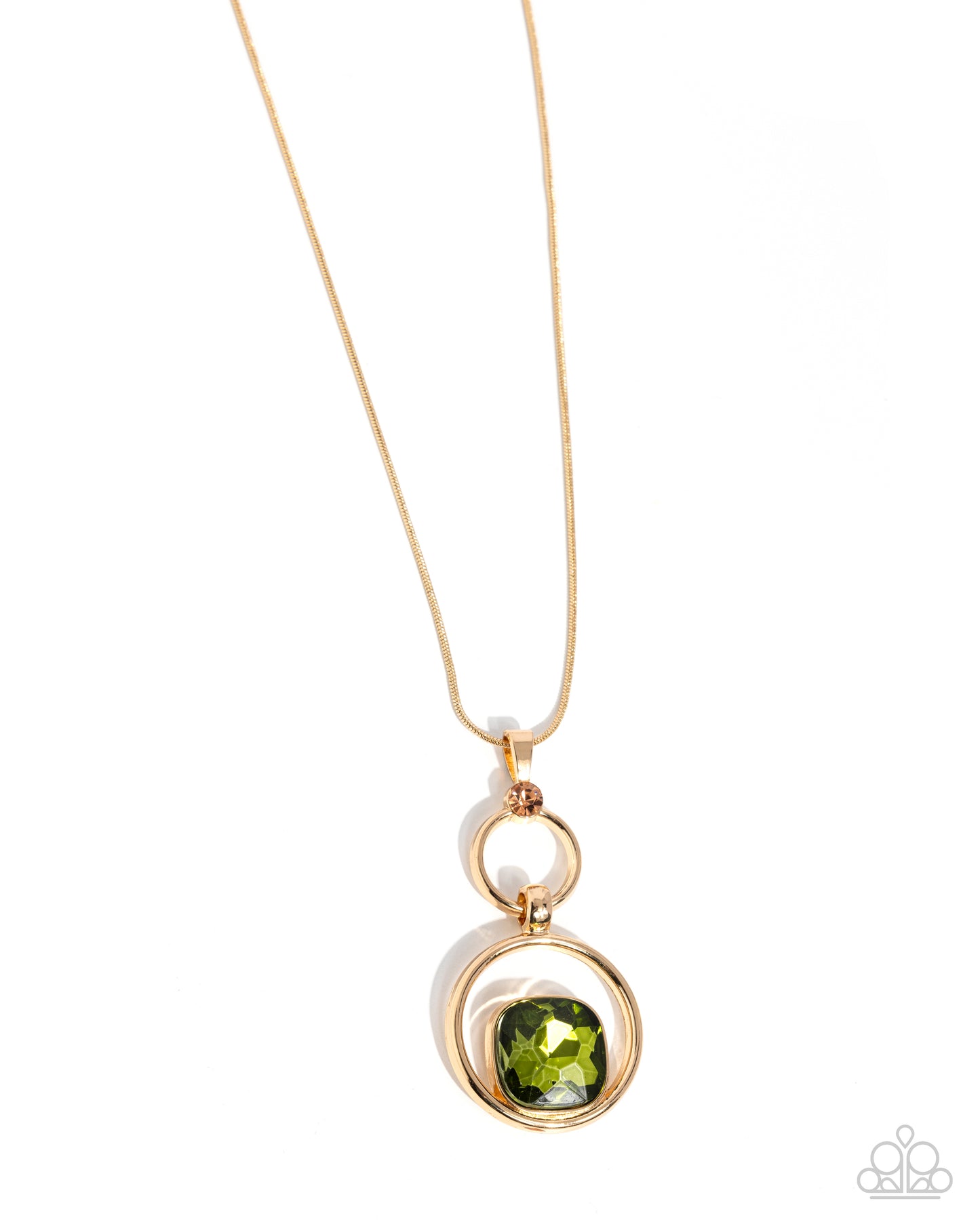 Debutante Delight gold circle necklace with green gem and peach rhinestone