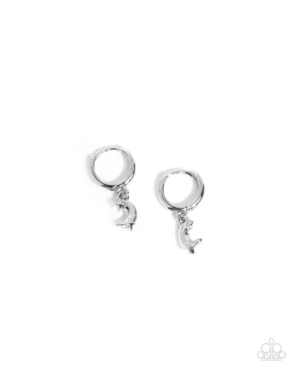 Pair of silver earrings with moon designs on a white background