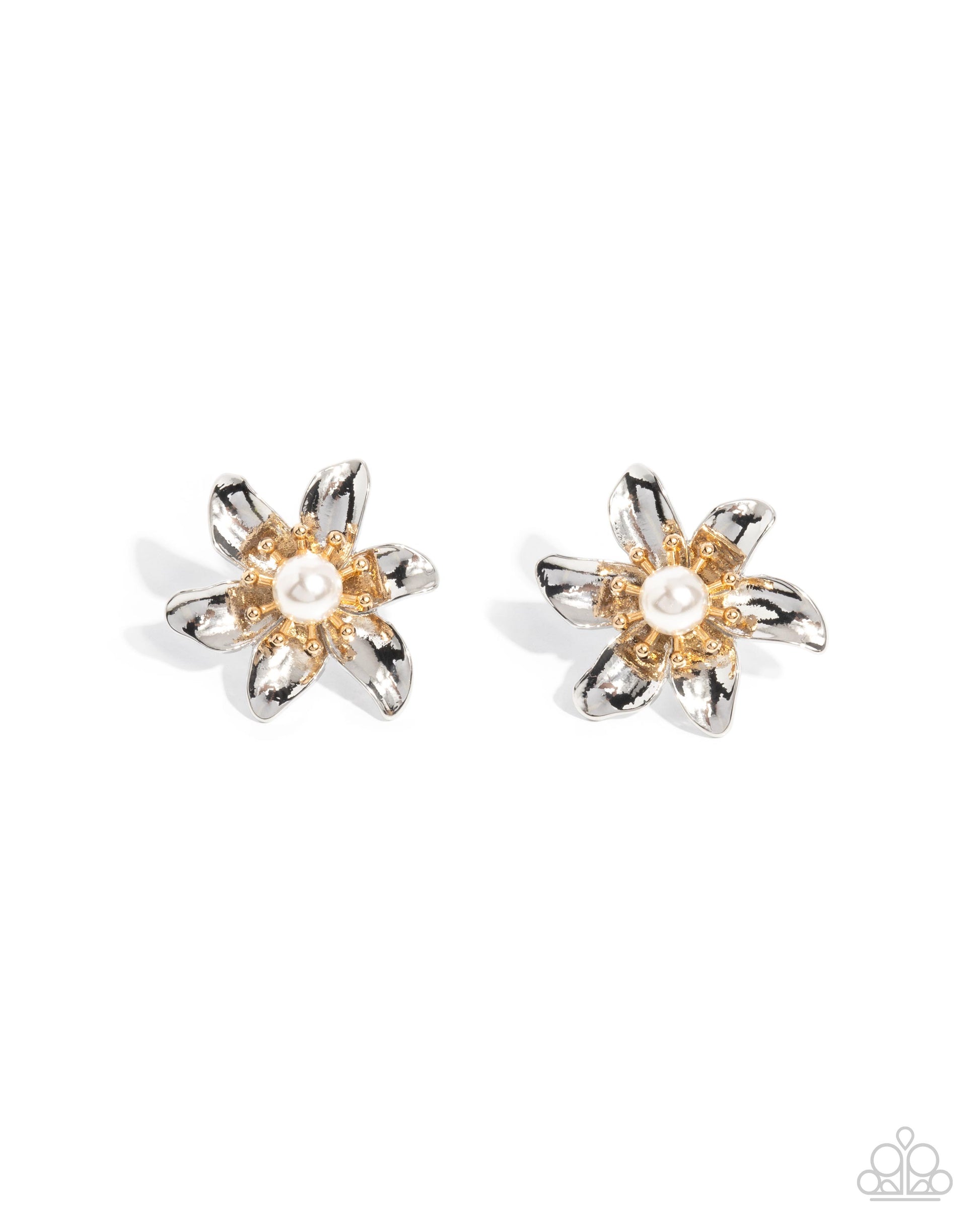 Pair of floral earrings with pearl center on a white background