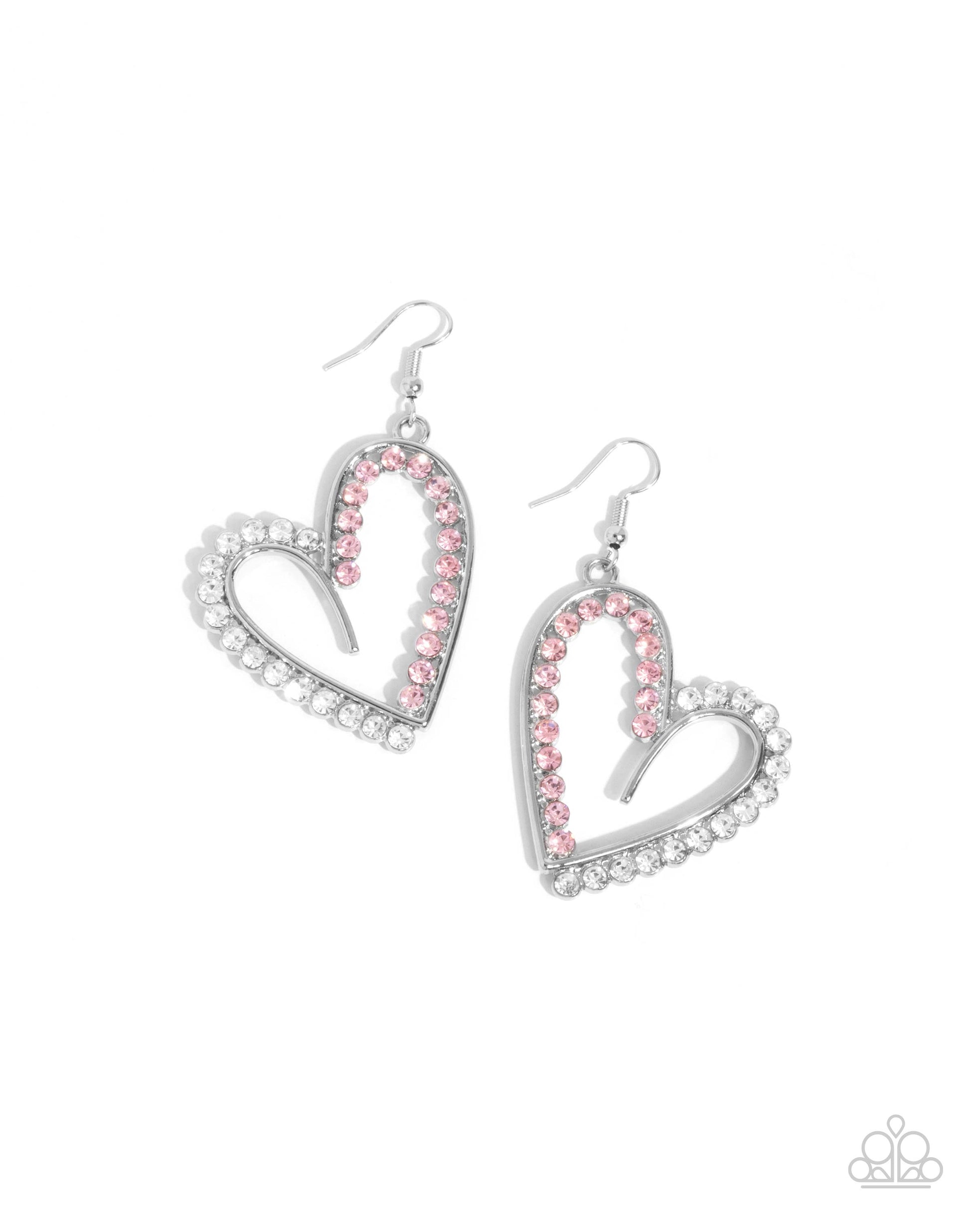Heart-shaped earrings with pink and clear gemstones on a white background