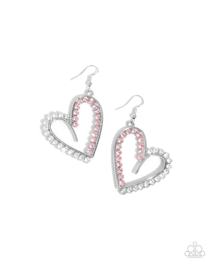 Heart-shaped earrings with pink and clear gemstones on a white background