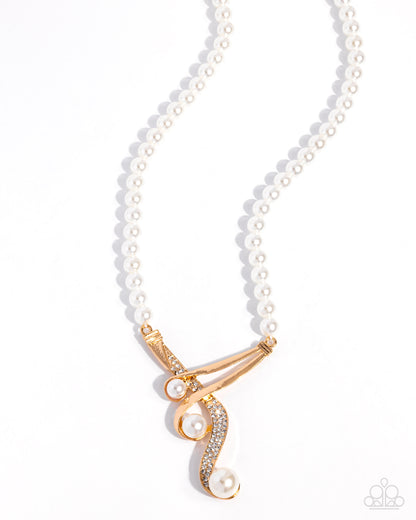 Pearl necklace with a gold pendant on a white background