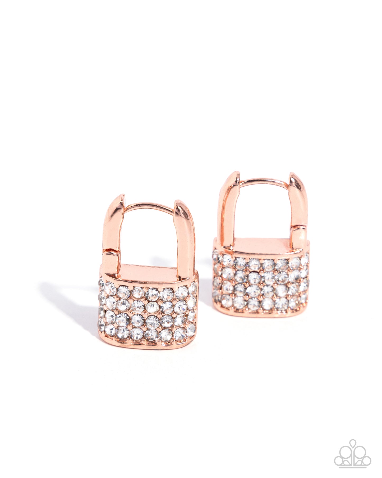 Rose gold hoop earrings with crystal embellishments on a white background