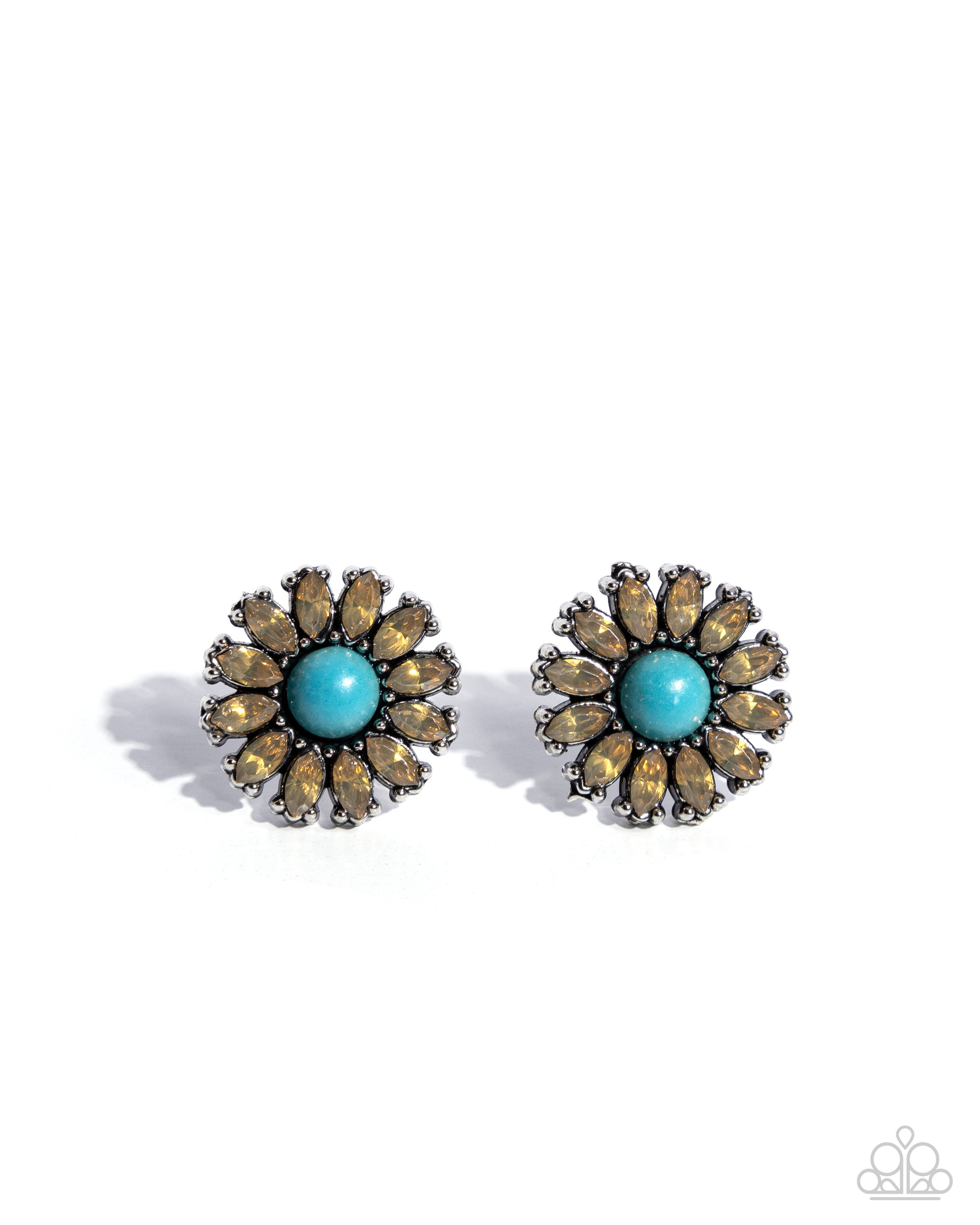 Pair of earrings with turquoise center and brown accents on a white background