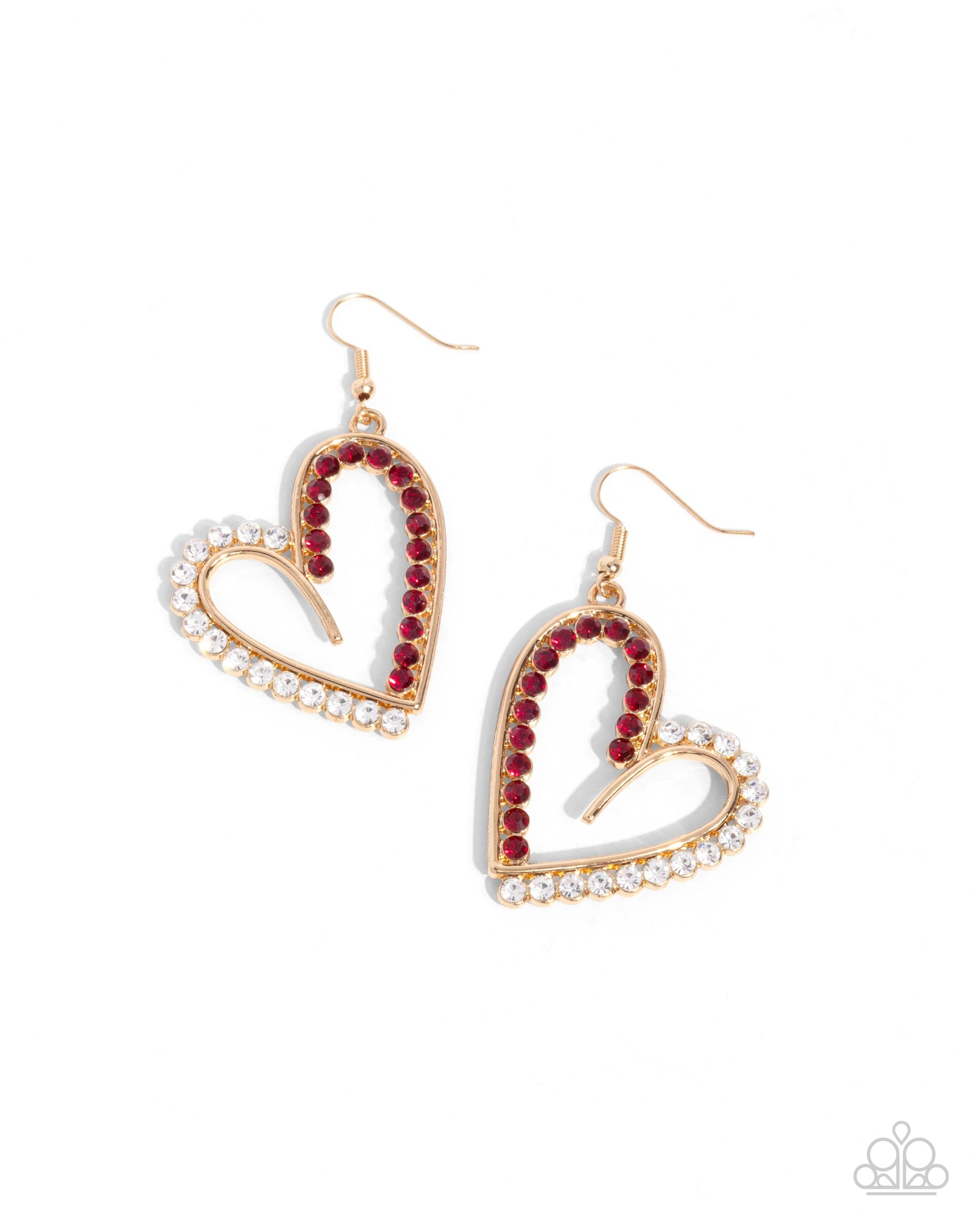 Heart-shaped earrings with red and clear gemstones on a white background