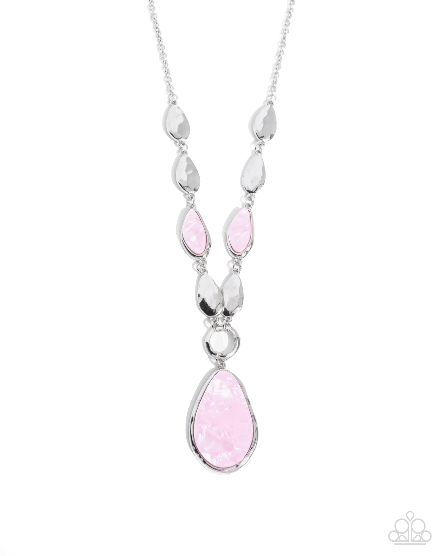 Necklace with pink and silver beads on a white background