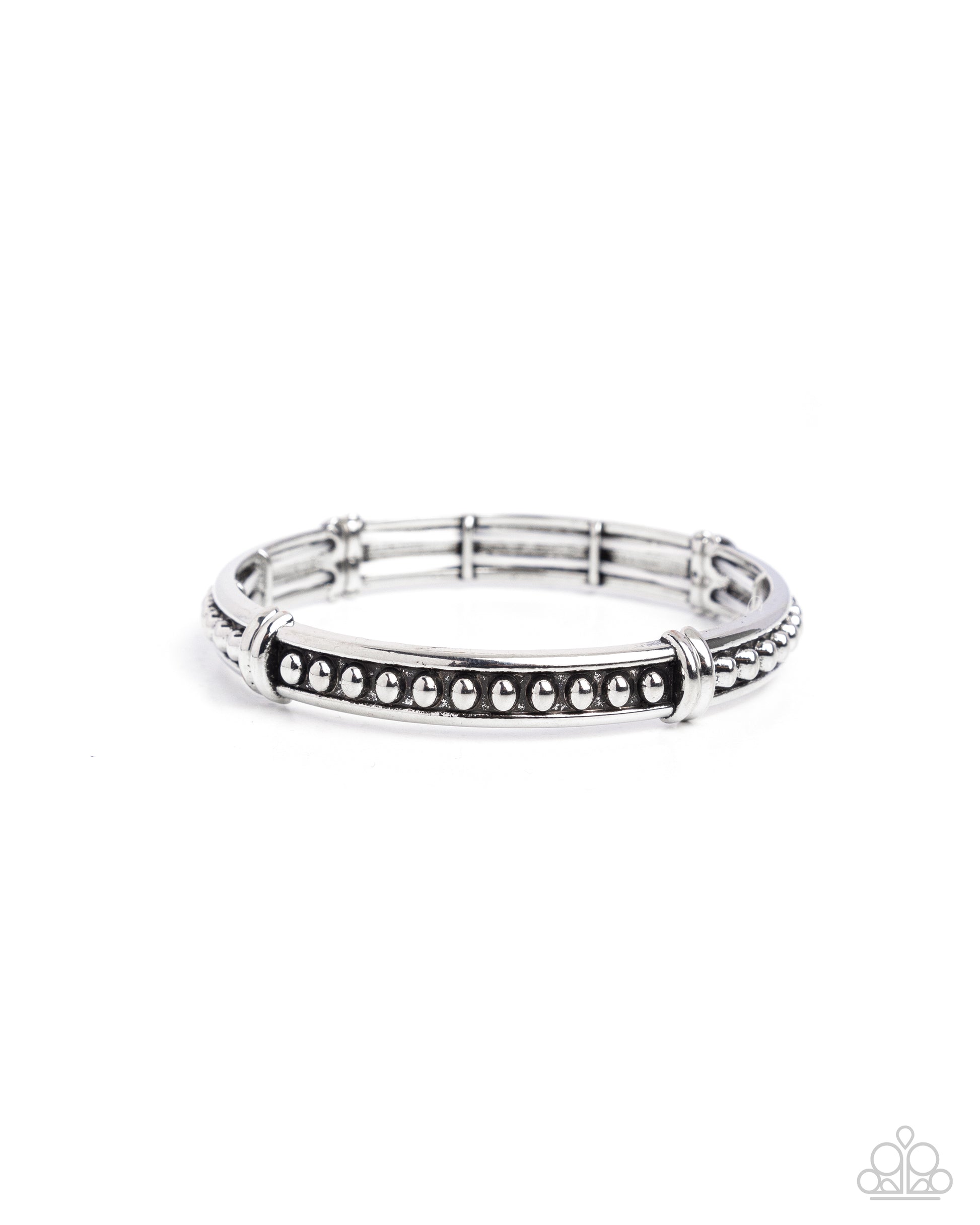 Silver bracelet with black accents on a white background