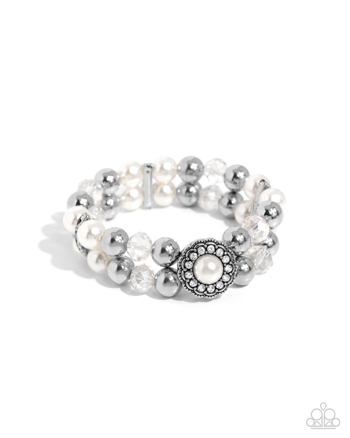Silver and pearl beaded bracelet on a white background