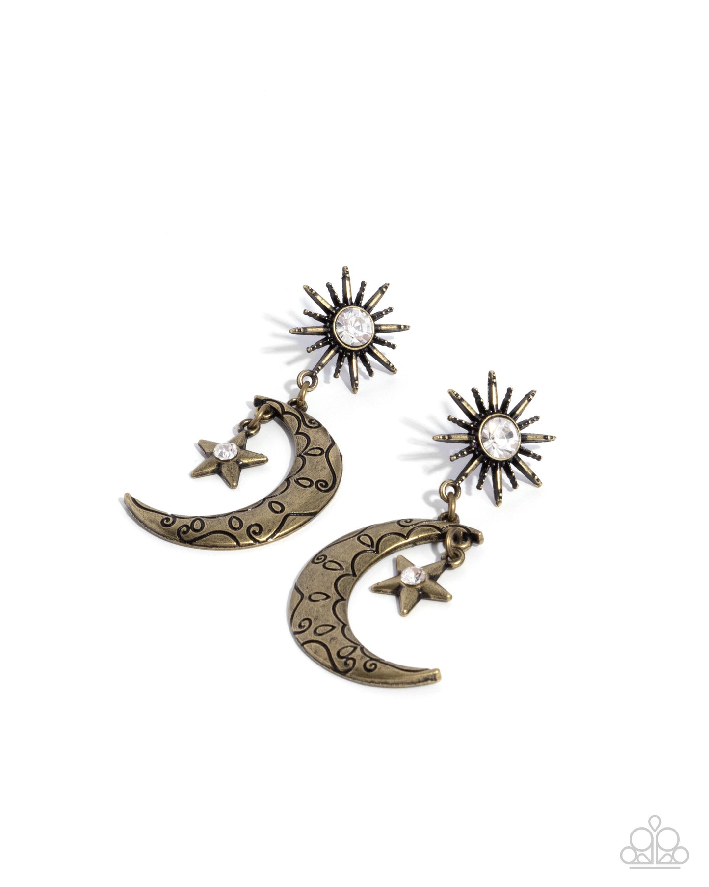 Pair of bronze moon and star earrings with star embellishments on a white background