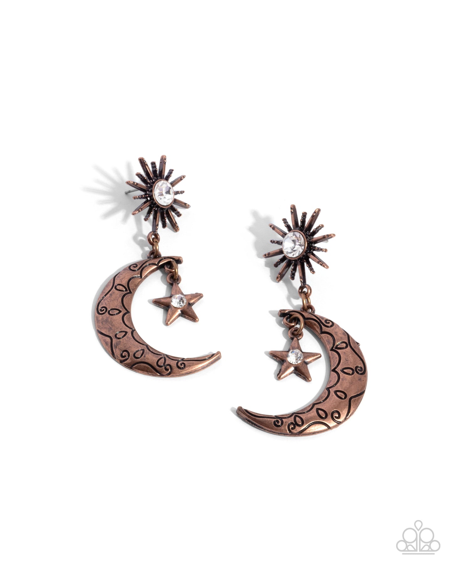Pair of copper moon and star earrings on a white background