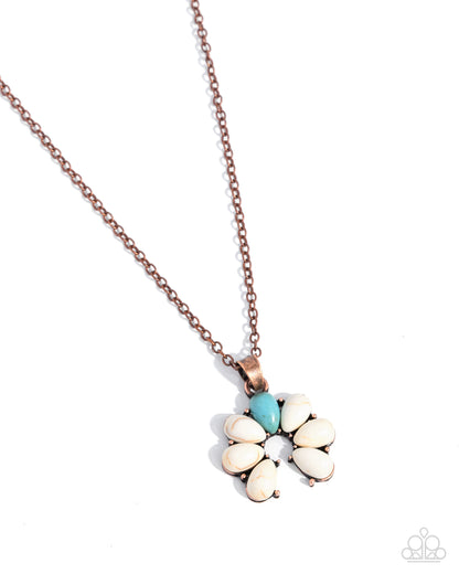 Necklace with a flower-shaped pendant featuring a turquoise center and white petals on a white background