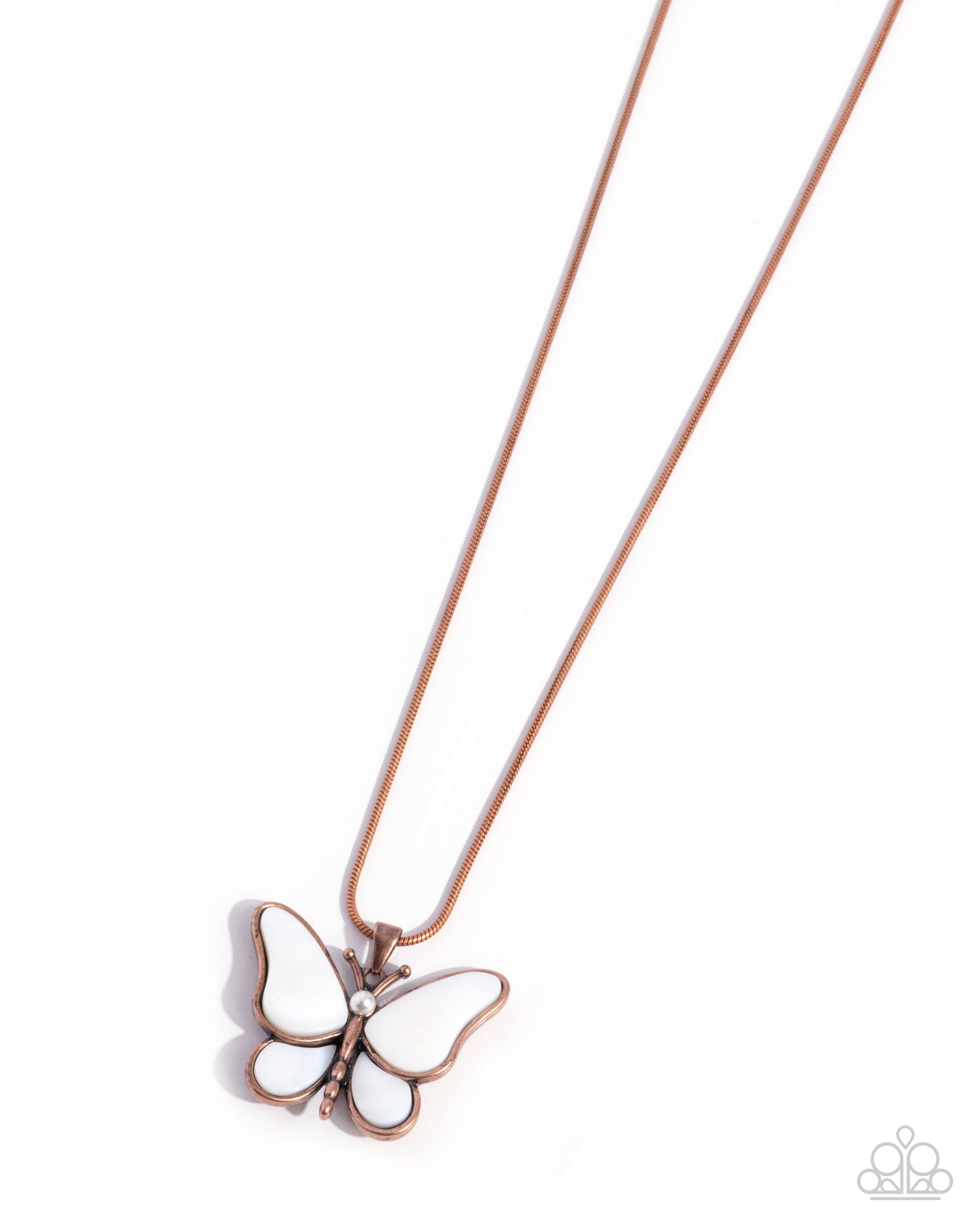 A rose gold butterfly pendant necklace with white enamel wings and a small clear rhinestone at the center, shown on a clean white background.