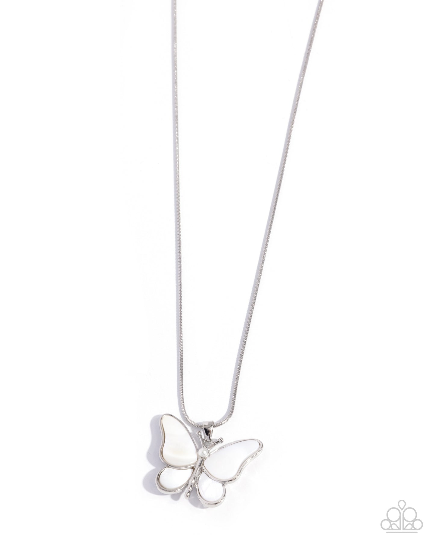 A silver butterfly pendant necklace with white enamel inlay, suspended from a delicate silver chain against a plain white background.