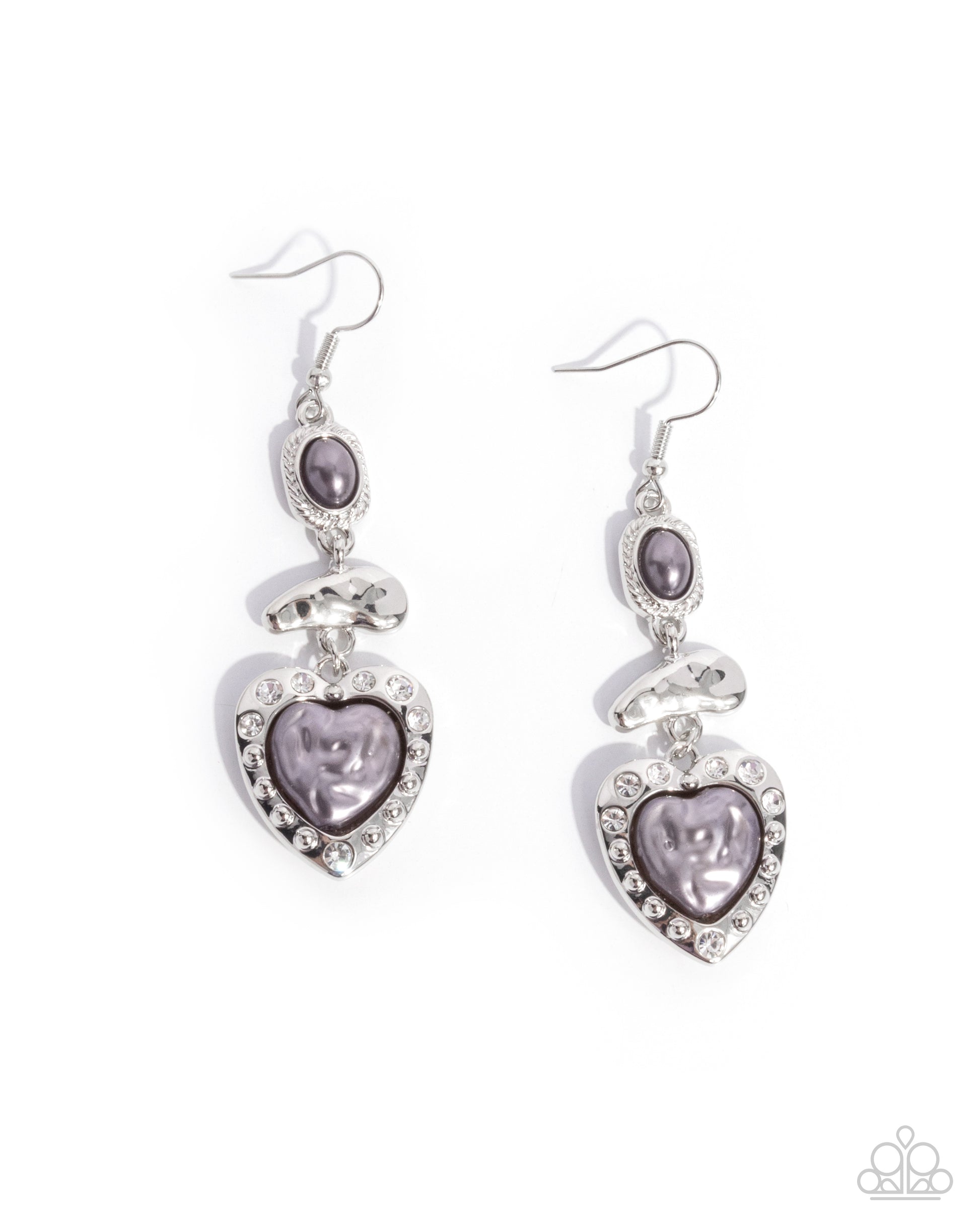 Heart-shaped earrings with purple stones on a white background