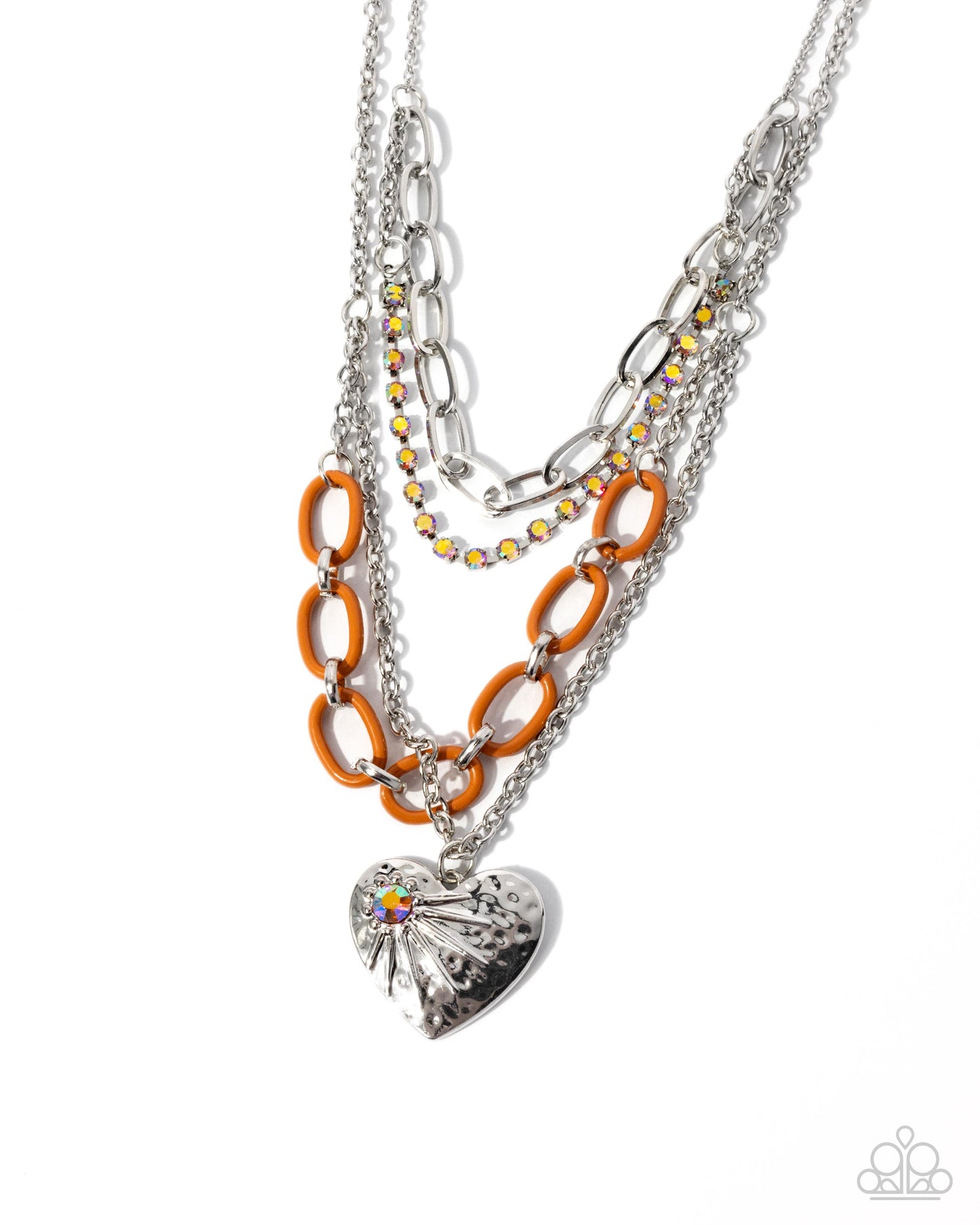 Necklace with orange links and a heart-shaped pendant on a white background