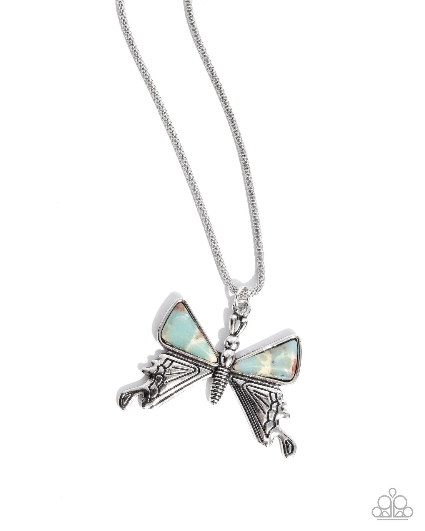 Silver butterfly pendant necklace on a white background