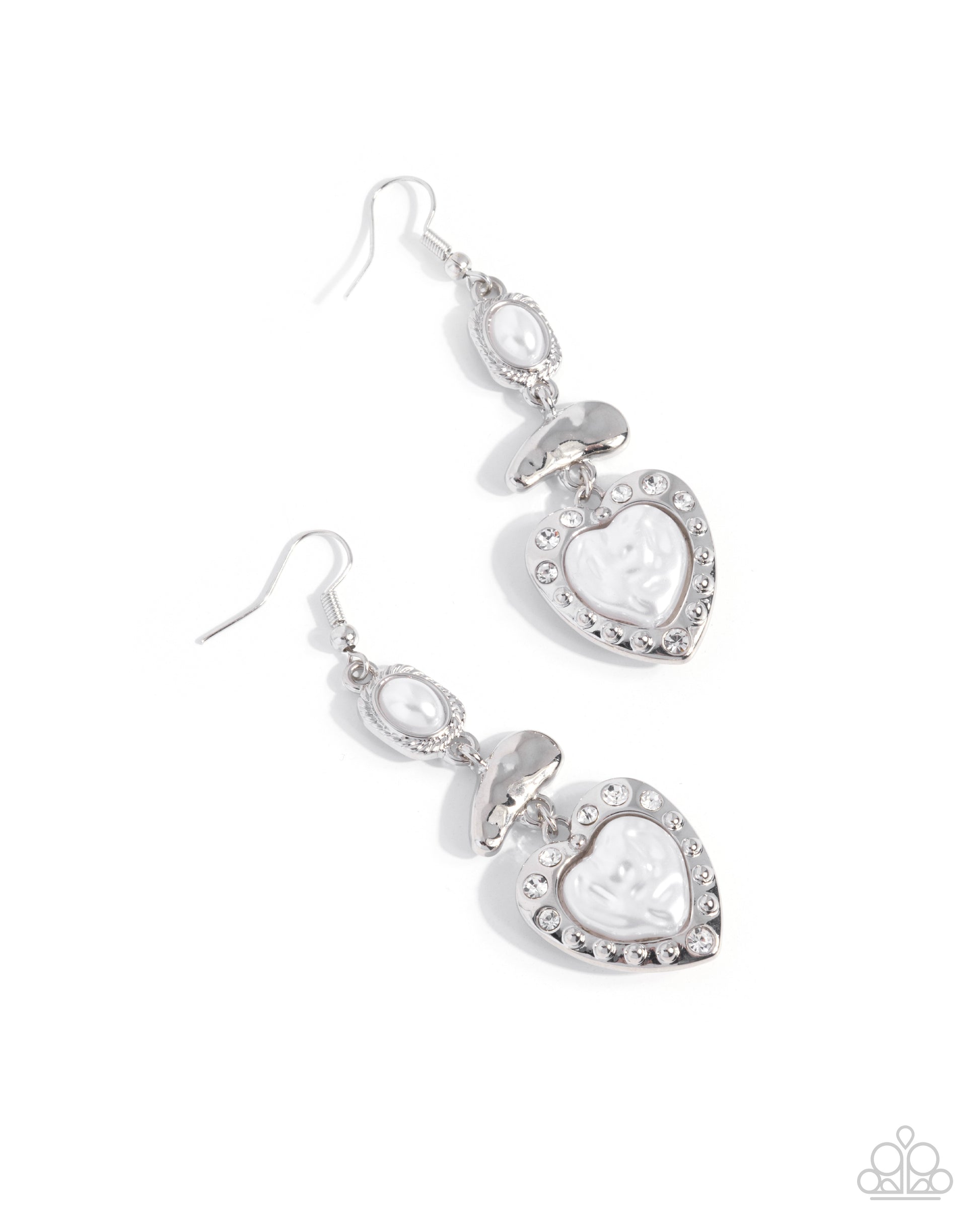 Pair of silver heart-shaped earrings on a white background