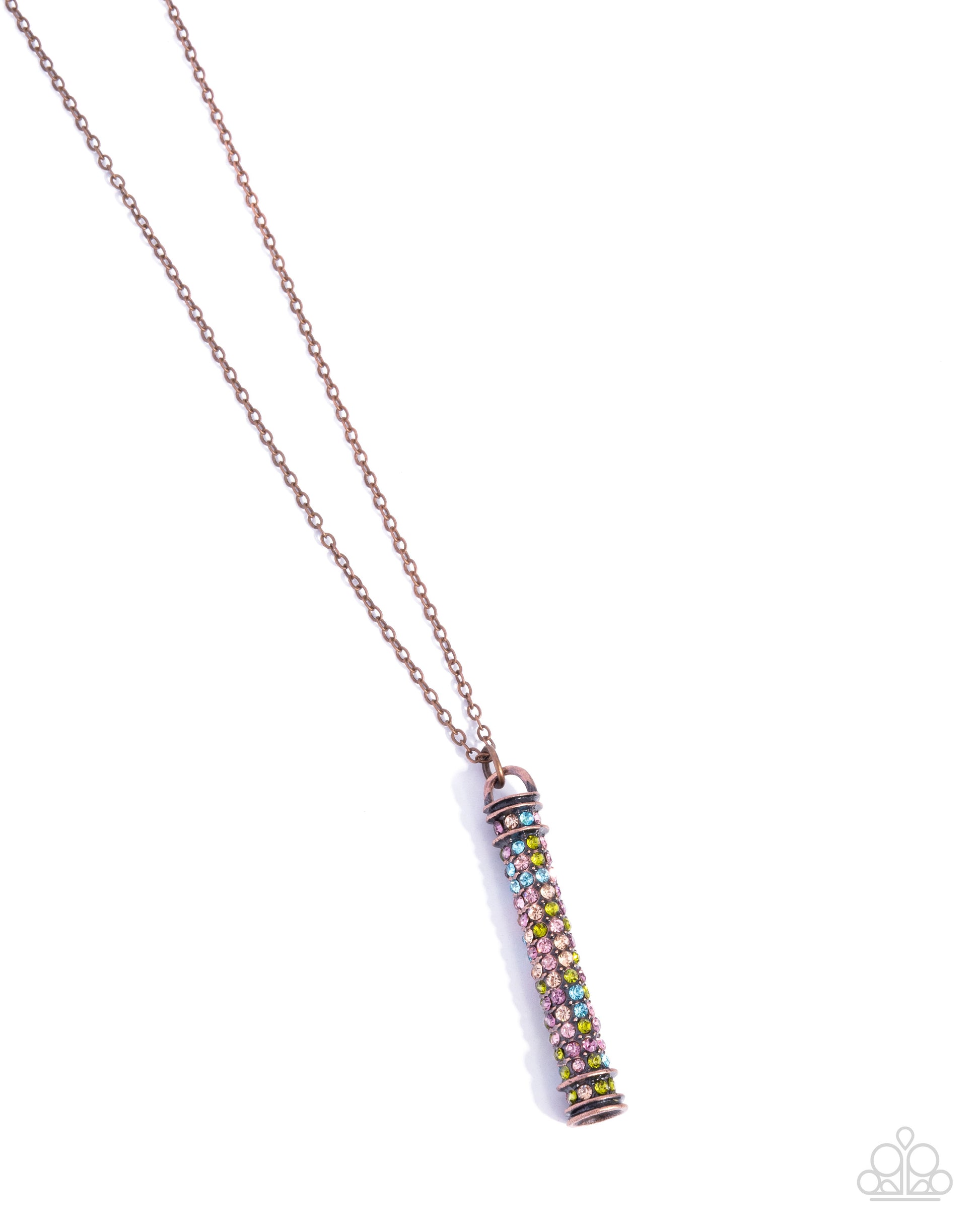 Necklace with a colorful cylindrical pendant on a white background