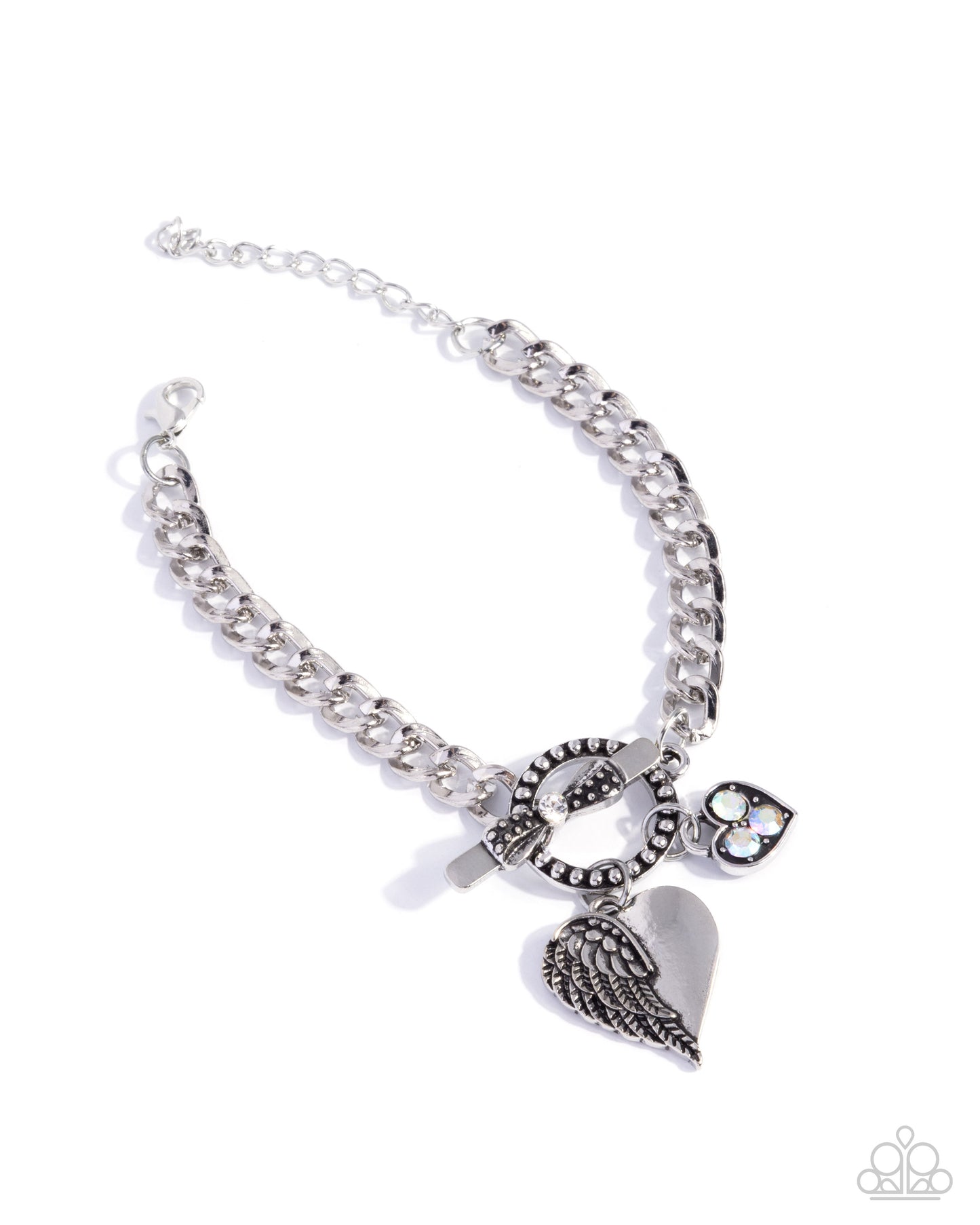 Silver bracelet with heart and wing charms on a white background