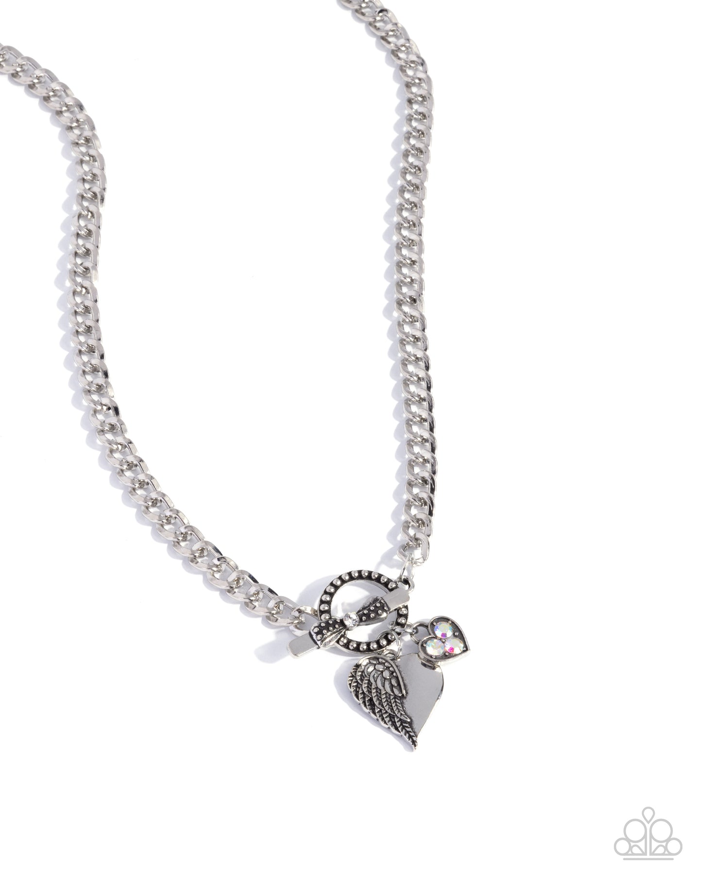 Silver chain necklace with a heart and wing charm on a white background