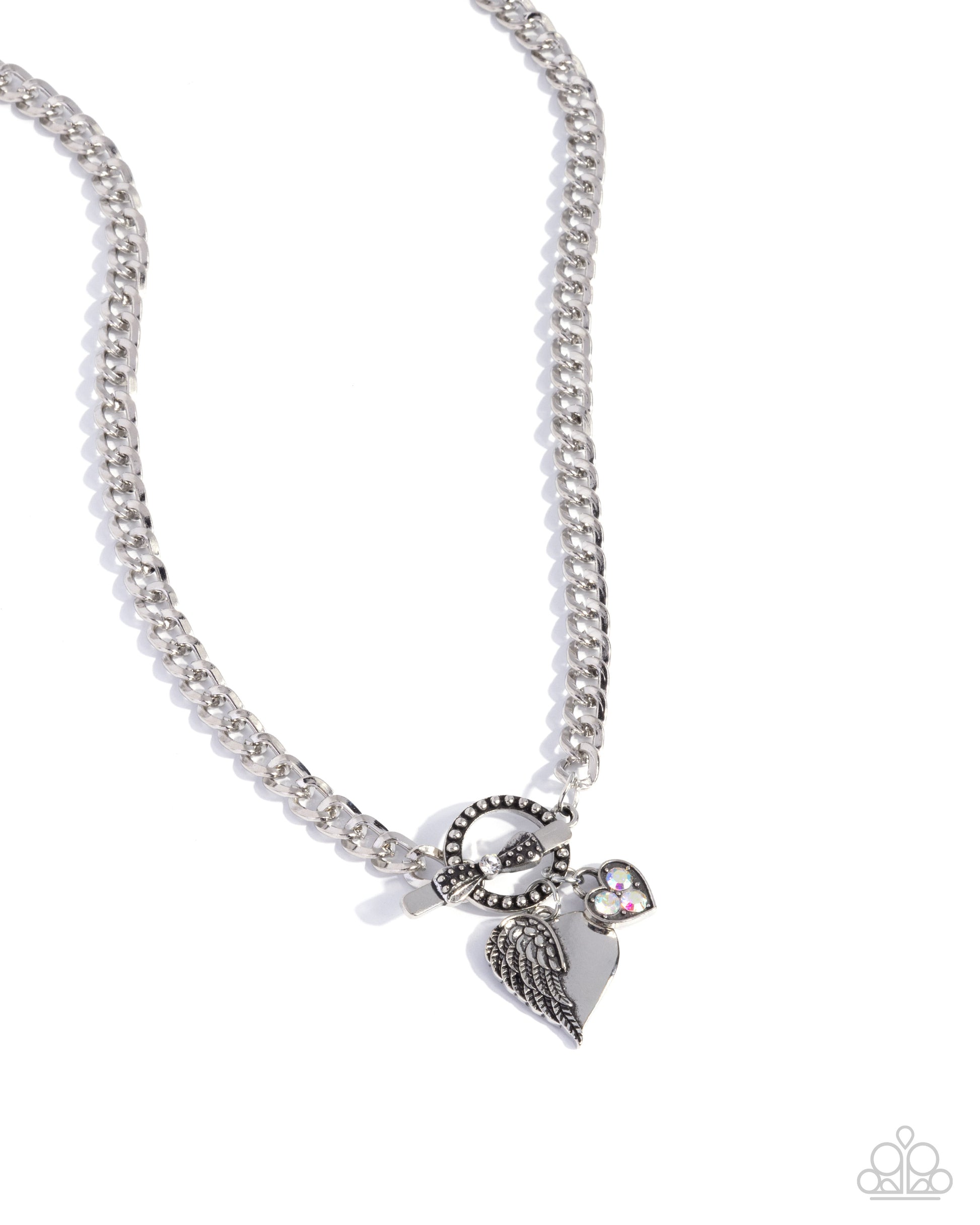 Silver chain necklace with a heart and wing charm on a white background