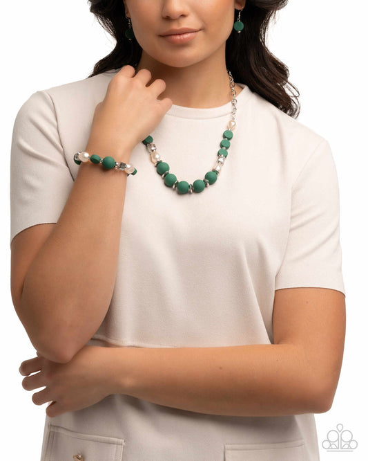 Green Aventurine, white pearl and silver necklace and bracelet jewelry set