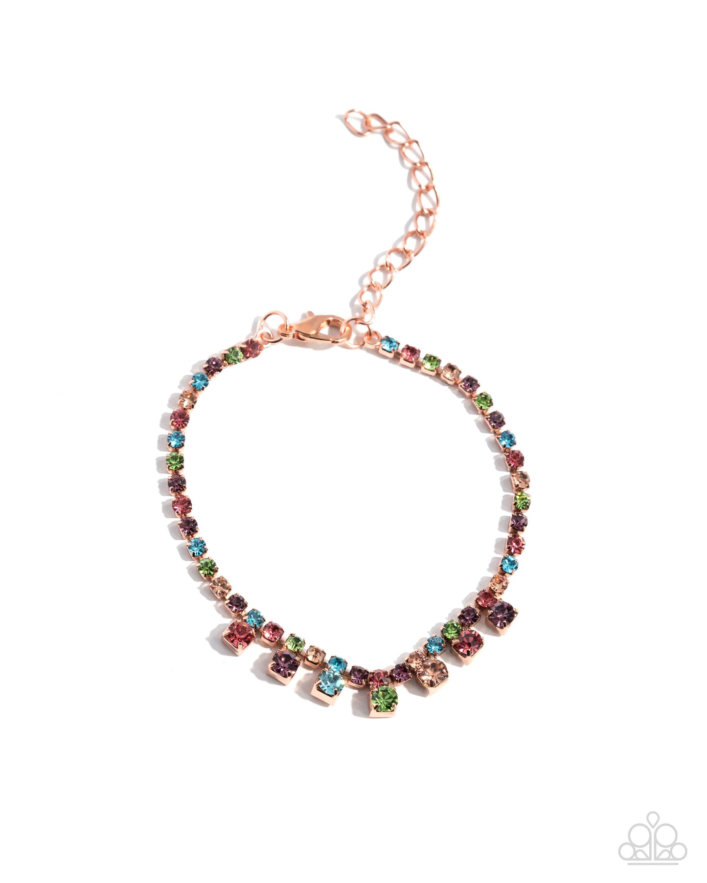 Multicolored gemstone bracelet on a rose gold chain against a white background