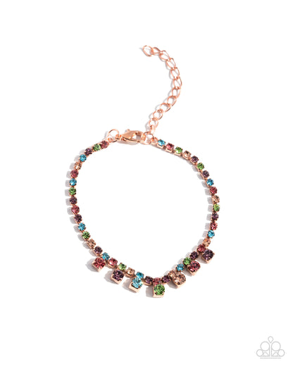 Multicolored gemstone bracelet on a rose gold chain against a white background