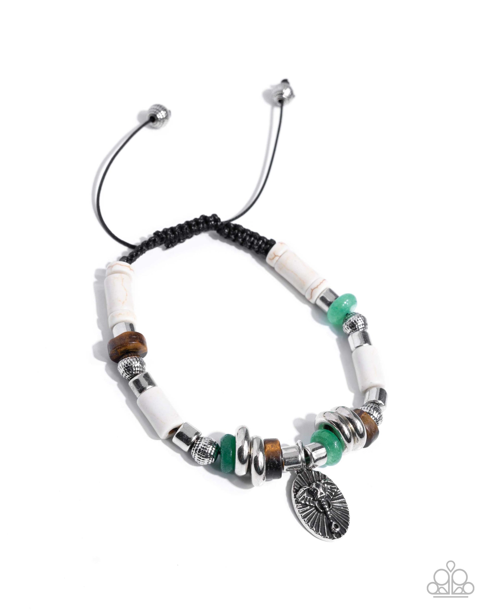 Necklace with white beads, green accents, and silver charm on a white background