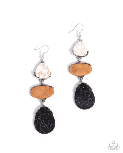 Pair of earrings with brown, black, and silver stones on a white background