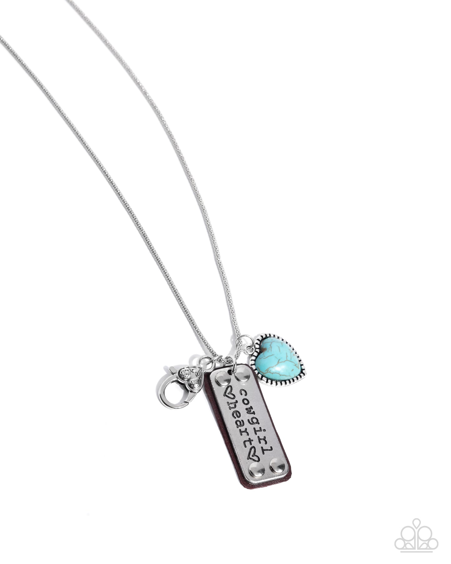 Necklace with heart-shaped turquoise charm and silver tag on a white background