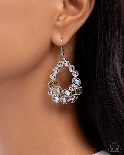 Prismatic Principal green iridescent gem earrings worn on model