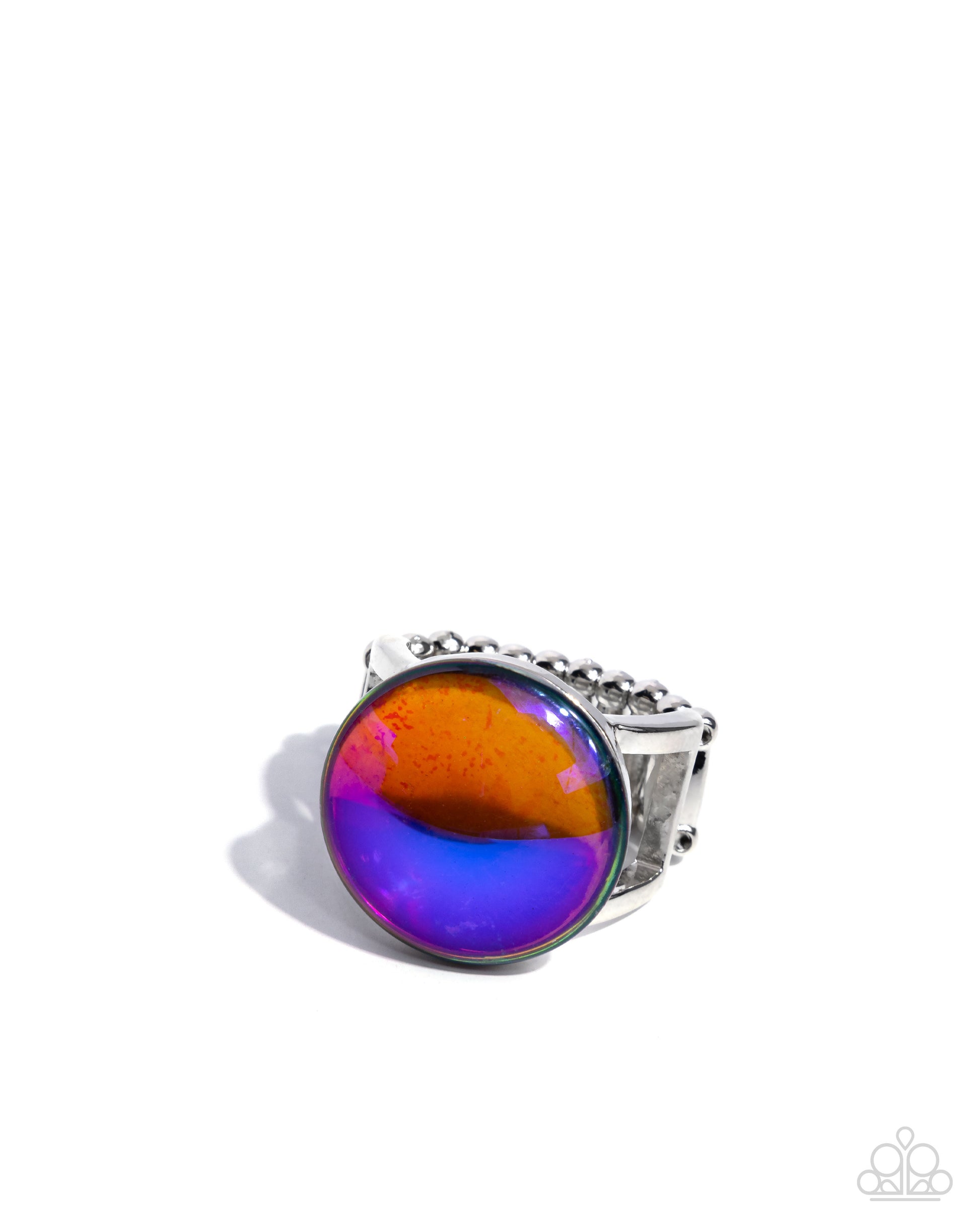 Multicolored ring with a silver band on a white background