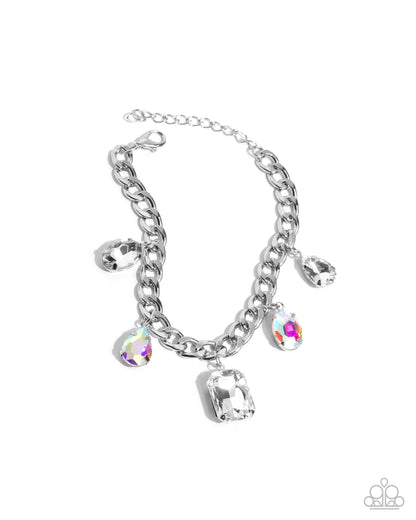 Silver chain bracelet with colorful gemstones on a white background