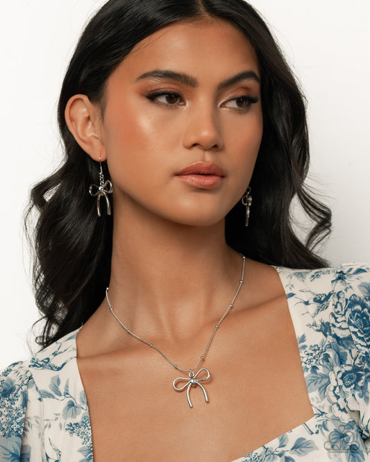 Complete Look- Silver Bow Necklace and Earring Set - Jewelry by Bretta