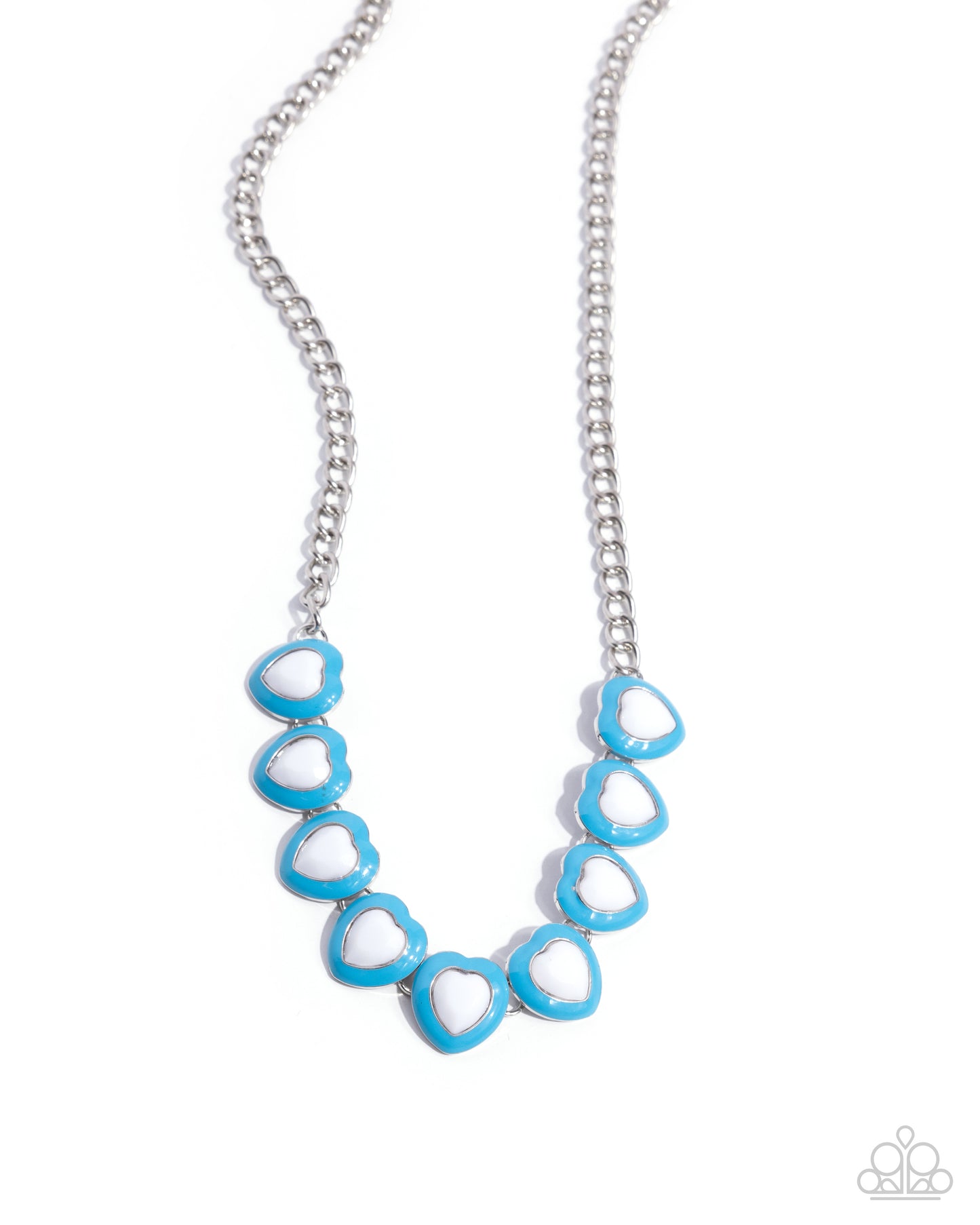Necklace with blue and white heart-shaped pendants on a silver chain against a white background