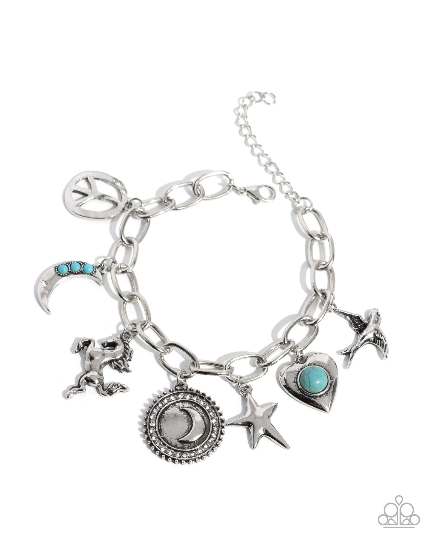 A silver-tone charm bracelet featuring multiple celestial and mystical charms, including a crescent moon with turquoise accents, a lion, a star, a heart, and a peace sign, displayed on a clean white background.